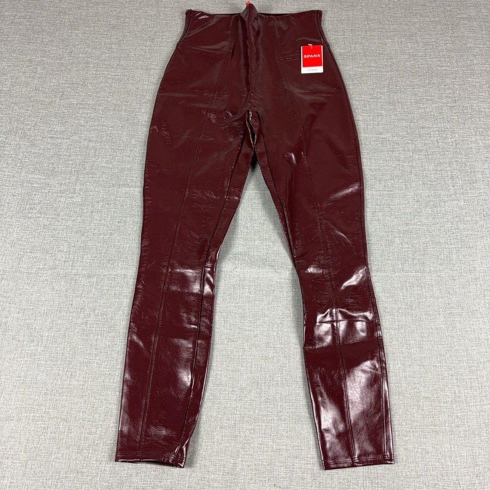 Spanx Faux Patent Leather Leggings Womens M Red Ruby High Rise Ankle Shaping - Picture 1 of 12